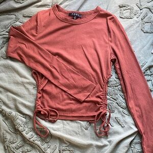 Brown Ribbed Long-Sleeve Side-Tie Top